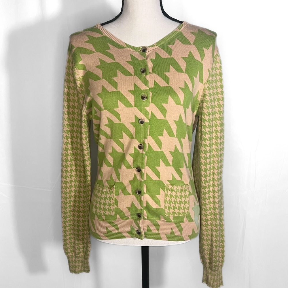 Isaac Mizrahi Green and Camel Cotton Houndstooth Sweater Cardigan Size L